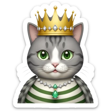 Gatito gris oscura con rayas negras ojos verdes vestida de reina con coronas y diamantes, más peluda y gordita  sticker