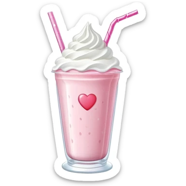 A cute pink strawberry milkshake in a glass cup with a heart-shaped straw, whipped cream on top, pink sparkles. sticker