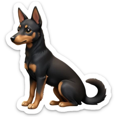 cinematic-[australian kelpie]-detailed realistic-full-body-sitting-emoji,-tail-resting-loosely-beside-its-paws,-head-tilted-dramatically, -sleek-[Black and tan]-fur,-simplified-yet-realistic-focused-features,-highly-detailed,-glowing-with-an-almost-sarcastic-glow sticker