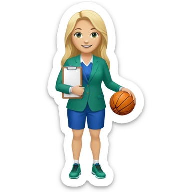 Full Body white plus size female basketball head coach using a clipboard with long blonde hair in a blue and green suit smiling with basketball and clipboard sticker