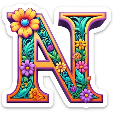 3D, gothic style psychedelic colored capital Letter N with hippie style flower border sticker
