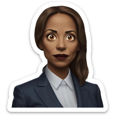 US president Kamala in Marvel Avenger style, oil paint, mysterious eyes, intricate lips, masterpiece portrait, odd perspective, beautiful, desirable, logical, midsommar, ikea sticker