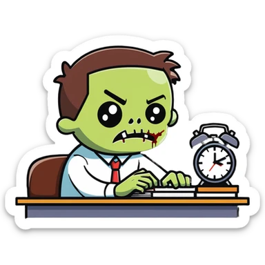 tired zombie office worker staring at clock waiting for break time sticker