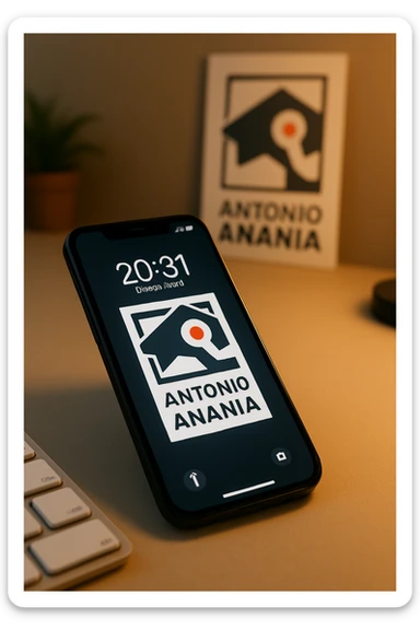 A photo of an iPhone with the message "Antonio Anania" on its screen, The phone sits atop a desk with a blurred background that suggests work environment. A faint glow from above casts gentle shadows across the surface of each object, creating depth and highlighting their textures sticker