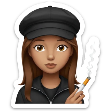 A girl with brown hair with a cigarette and a black cap sticker