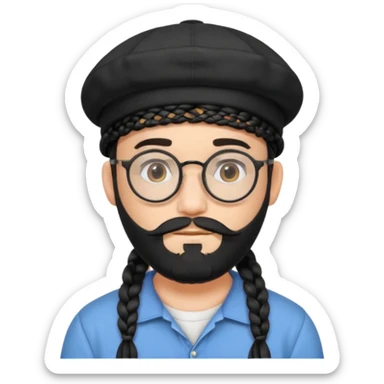 Stereotypical jew with black head cap round glasses and 2 braids on the side with black beard sticker
