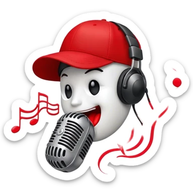 Create a dynamic and energetic emoji that represents beatboxing. The design should feature a stylized microphone with lips and baseball cap on it, sound waves emanating from it , symbolizing vocal percussion and rhythm. Add elements like headphones or a subtle speaker to emphasize the music production aspect. Use bold colors like black, white, and red to convey the intensity and creativity of beatboxing. The background should be transparent. sticker