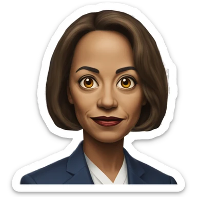 US president Kamala in gamer style, oil paint, mysterious eyes, intricate lips, masterpiece portrait, odd perspective, beautiful, desirable, logical, midsommar, ikea sticker