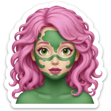 pink haired very long curly haired woman with full full face green clay mask sticker
