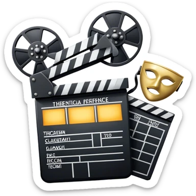 Icon for Acting in Theater and Movie: a stage with a spotlight and cinema, a film camera, a clapperboard and a dramatic mask. The design should represent both theatrical performance and cinematic art. Transparent background. sticker