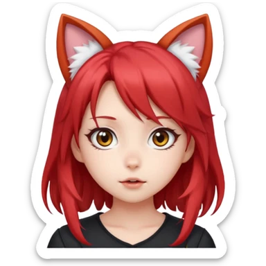 cute anime girl with cat ears, red blowing hair sticker