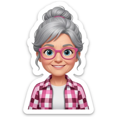 MUJER MEDIANA EDAD, PELO GRIS, MOÑO INFORMAL DESPEINADO, GAFAS ROSAS Y CON BABI DE MAESTRA CUADROS ROSAS/GRANATE/BLANCOS sticker