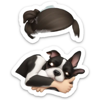 Boston terrier dog cuddling girl sleeping sticker