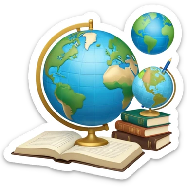 Create an emoji representing language translation. The design should feature a single globe in the background, symbolizing international communication. In front of the globe, place two opened books, with texts in it and a pen nearby to indicate the act of writing and vocabulary. Use a clean and professional color palette with blues, greens, and neutral tones. Do not include any emojis or smiley faces. Make the background transparent sticker