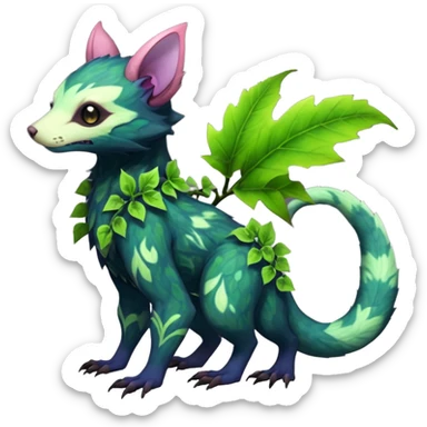 Realistic Sharp swampy mossy elemental ivy floral detailed Colorful translucent luminescent glowing Trico-Noibat-batty-Sergal-Furret-Ferret-Wolverine-Vernid-furry-fursona-fusion-Fakemon-animal-hybrid-creature, full body sticker