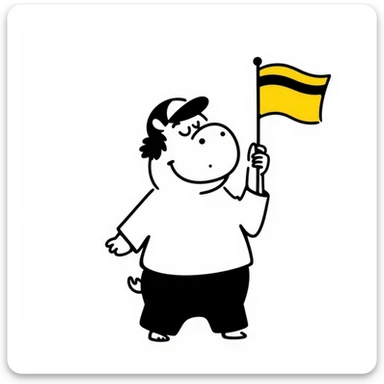 hippo holding a yellow flag wearing a baseball cap sticker