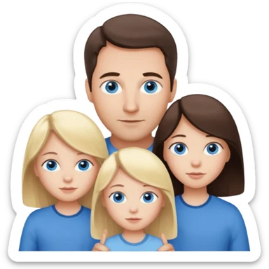 Family portrait with father with dark brown hair and blue eyes, mother with light brown hair and blue eyes, three blonde little girls with blue eyes sticker