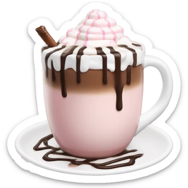 hot chocolate with mug and whip cream and chocolate drizzle and pale pink strawberry and marshmellows sticker