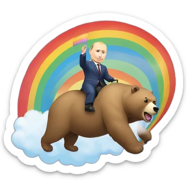 Vladimir putin with pride flag riding a rainbow on a bear sticker