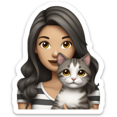 Beautiful dark brown haired tattooed woman holding gray and white striped long hair cat sticker