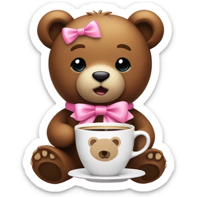 A teddybear with pink bows sipping coffee  sticker