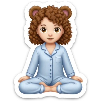 brown eyes, brown curly hair, white skin, full body in cute pijama bear sticker