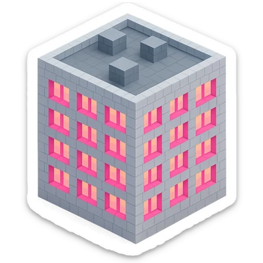 Russian panel apartment building, compact square block, light gray, pink glowing windows, isometric view sticker
