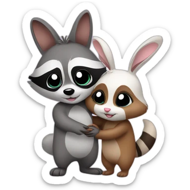 Raccoon couple hug with bunny sticker