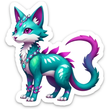Kawaii cute colorful iridescent deep-dark-turquoise-green and magenta and white beautiful pretty elegant divine edgy feline-vernid-sergal-Fakémon-Pokémon-fursona-animal-creature with accessories, full body, with intricate detailed markings sticker