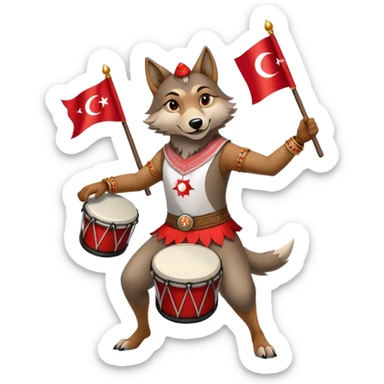   A turkish wolf, dressed as a Ramadan drummer, dances halay with a Turan and a Turkish flag in her hand. sticker