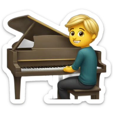 Dark blonde tall boy sitting in front of a piano sticker