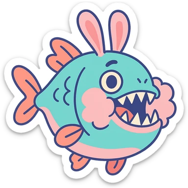 piranha with rabbit ears and fluffy cheeks, pastel colors sticker