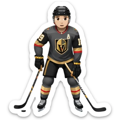 A hockey player in a Vegas Golden Knights black & gold jersey, red accent glow, centered stance, stick on the ice, faceoff position sticker