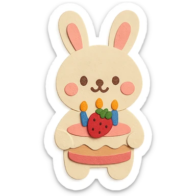 cute bunny holding a big strawberry birthday cake with candles sticker