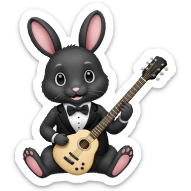 A black rabbit with white teeth and white eyes with a black bowtie holding a black guitar sticker