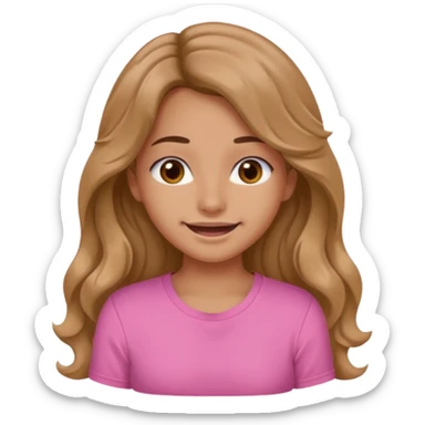 A pretty girl with tan skin and long wavy hair, wearing a pink basic shirt with brown eyes and a closed mouth smile sticker