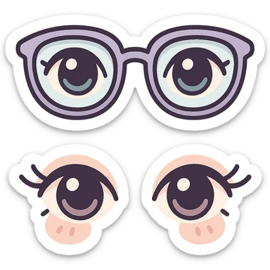 Depict two pairs of almond-shaped eyes with eyelashes on one canvas: one pair wearing glasses, the other without glasses. Maintain the icon-color-outlined style with a vector look featuring shadows and highlights, detailed hatching, thin clean contours, soft rounded features, and a pastel palette (#98B5BC, #B5B3C1, #C9A3C9, #E4C0CA, #F7DCD1, #F7C0AA). The style should evoke Japanese pop art, sticker appearance, with a transparent background. sticker