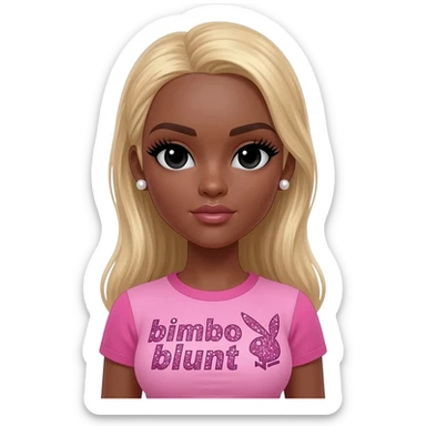 doll body , dark brown eyebrows, dark skin girl, pearl earrings stud, Long giant lashes, bimbo, black doll eyes, barbie, dark brown skin, with blonde hair, big breast, pink 2000s t shirt says on the sparkling text “bimbo blunt” on playboy logo sticker