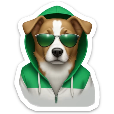 brown and white Dog with sunglasses and a green hoddie sticker