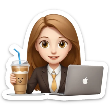 Women in front of laptop with a happy face, face a little fuller, long light brown hair, light brown big eyes, light pale skin with a iced coffee on the side, business attire sticker