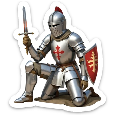 A lone medieval knight in plate, worn armor kneels. His helmet is closed, hiding his face, conveying silence, exhaustion and contemplation. A long sword is planted in the ground beside him, its hilt resting near his gloved hands as if he is praying or resting after battle. sticker