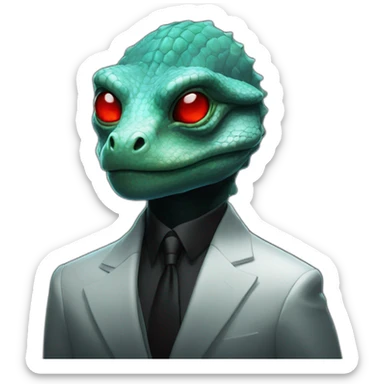 Aquamarine Reptilian with red lasers from the eyes in black suite in a black space sticker