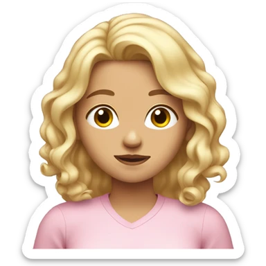 blonde girl with shoulder length wavy hair doing an i don't know pose wearing a light pink shirt  sticker