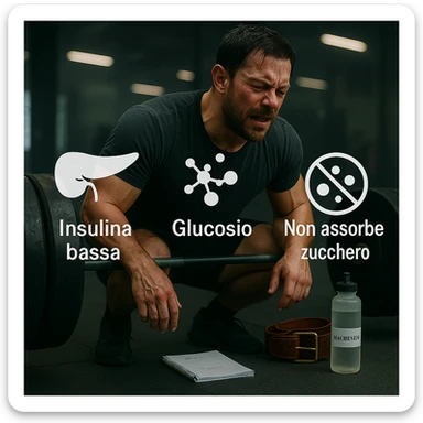 Add clear and legible Italian text to the icons in a realistic and symbolic-medical style: label the pancreas with 'Insulina bassa', the molecules with 'Glucosio', and the cells with 'Non assorbe zucchero'. Maintain the realistic and symbolic-medical style with clear and readable text. sticker
