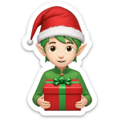 elf wearing a santa hat holidng a xmas present make his unfiorm green adn red sticker