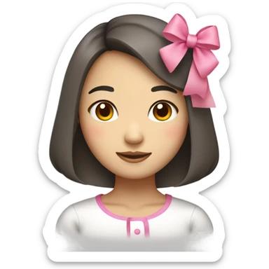 A cute Korean woman emoji with a neat bob haircut and a large pink bow on her head, cheerful expression, minimalistic design. sticker