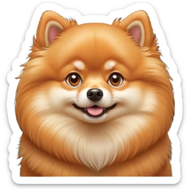 Cinematic Cute Orange Pomeranian Portrait Emoji, Head tilted playfully and inquisitively, featuring a luscious, fluffy orange Fur with a natural sheen, round, sparkling brown eyes filled with curiosity, Simplified yet irresistibly adorable features, highly detailed, glowing with a warm, friendly glow, high shine, affectionate and lively, stylized with a touch of whimsy, bright and endearing, soft glowing outline, capturing the essence of a mischievous yet loving pup, so playful it feels like it could scamper out of the screen and into your arms! sticker