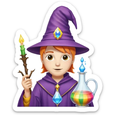 costume, wearing wizard hat custome, with glass vase, rainbow sticker