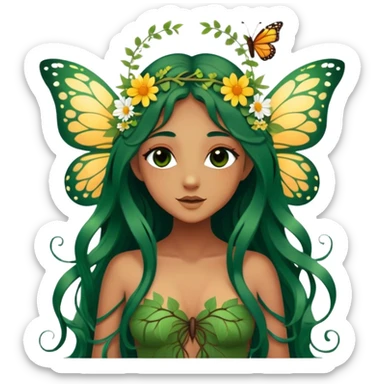 Cinematic Realistic Forest Nymph Fairy portrait, with butterfly wings and depicted with lifelike, sun-kissed tanned skin that radiates an earthy glow, softly illuminated by natural, dappled light. Her long, flowing dark green hair is intricately detailed and interwoven with delicate vines and wildflowers, while her deep, soulful eyes mirror the wisdom of the forest. Dressed in an attire inspired by nature’s palette—with subtle botanical motifs—the portrait exudes a soft, enchanted glow that melds realism with woodland magic. sticker