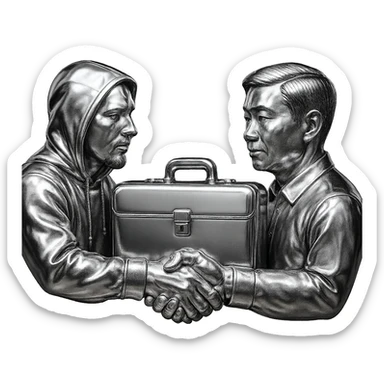 A chrome-hoodie-wearing white man with a goatee shakes hands with a Chinese man, handing over a briefcase of cash, AMG car in the background. sticker